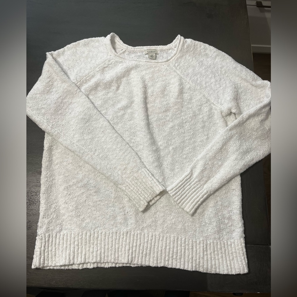LL Bean White Textured Popcorn Knit Raglan Crewneck Sweater Womens Medium
